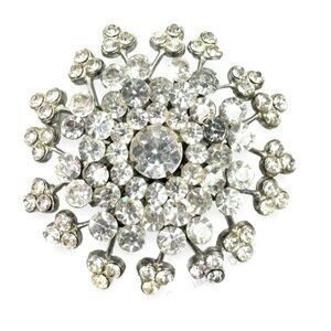 Silver Tone Clear Crystal Riveted Layered Snowflake Star Burst Brooch Vintage